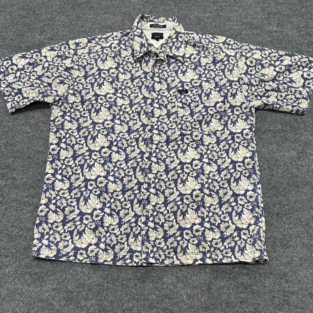 Tommy Jeans Shirt Mens Size XL Blue Floral Tropical Short Sleeve Cotton Stained